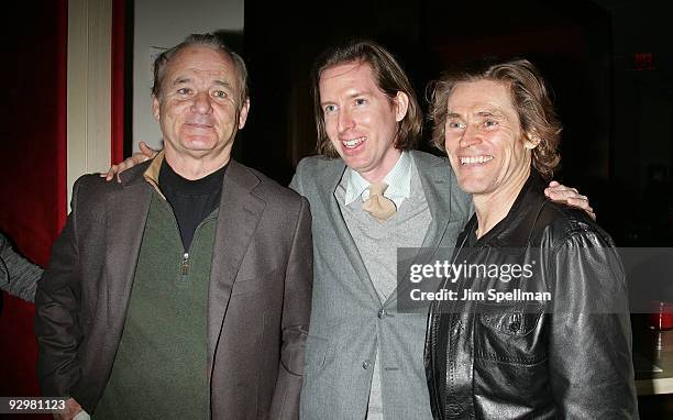 Actor Bill Murray, Director Wes Anderson and Actor Willem Dafoe attend the "Fantastic Mr. Fox" premiere at Bergdorf Goodman on November 10, 2009 in...