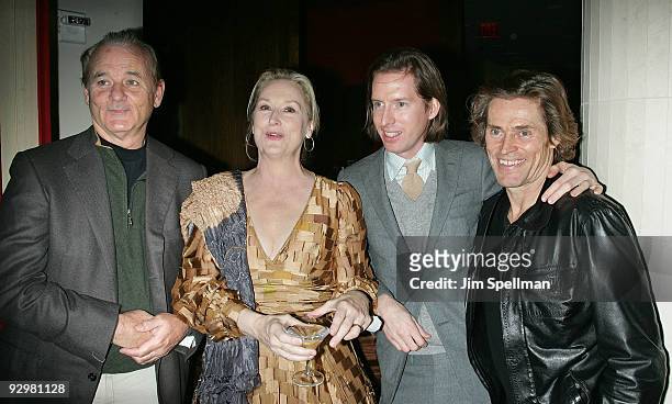 Actor Bill Murray, Meryl Streep, Director Wes Anderson, and Actor Willem Dafoe attend the "Fantastic Mr. Fox" premiere at Bergdorf Goodman on...
