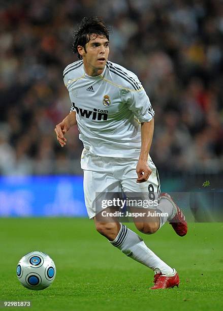 Kaka of Real Madrid runs with the ball during the Copa del Rey fourth round, second leg match between Real Madrid and AD Alcorcon at the Estadio...