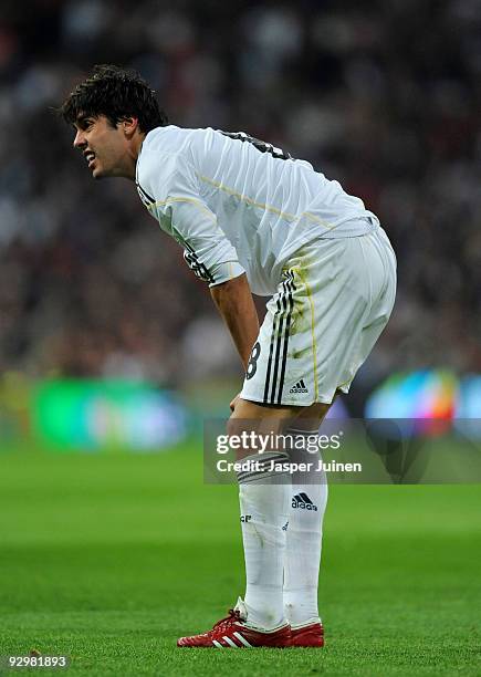 Kaka of Real Madrid lies reacts after being fouled by Fernando Bejar of AD Alcorcon during the Copa del Rey fourth round, second leg match leg match...