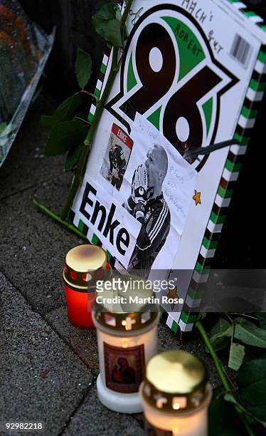 Picture of Robert Enke is pictured in front of the AWD Arena on November 11, 2009 in Hanover, Germany. Enke goalkeeper for Hannover 96 and the German...