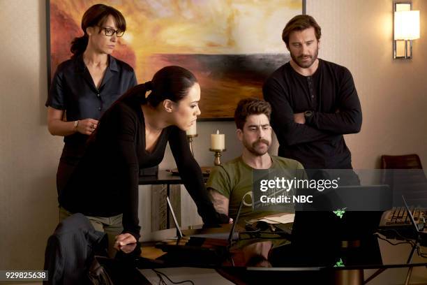 Charm School" Episode 203 -- Pictured: Jennifer Beals as Christina Hart, Jessica Camacho as Santana, Adam Goldberg as Kilroy, Clive Standen as Bryan...