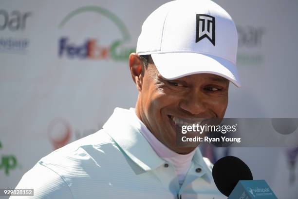 Tiger Woods smiles during his post round press conference during the second round of the Valspar Championship at Innisbrook Resort on March 9, 2018...