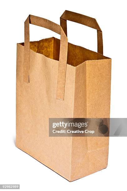 brown paper grocery bag with handles - kraft bag stock pictures, royalty-free photos & images