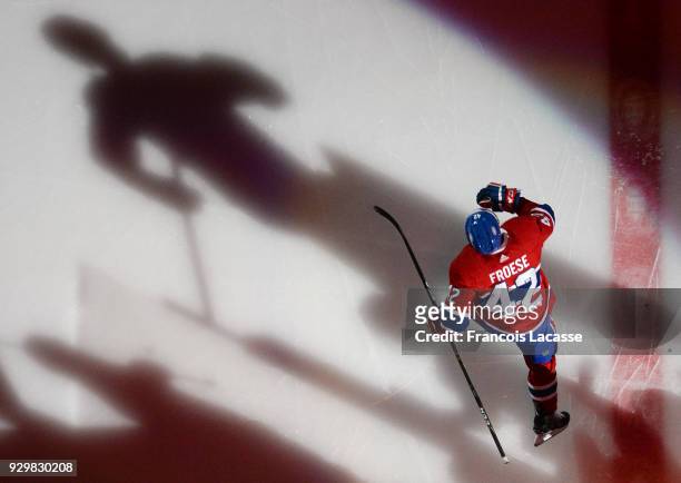 Byron Froese of the Montreal Canadiens takes to the ice prior the NHL game against the New York Islanders at the Bell Centre on February 28, 2018 in...