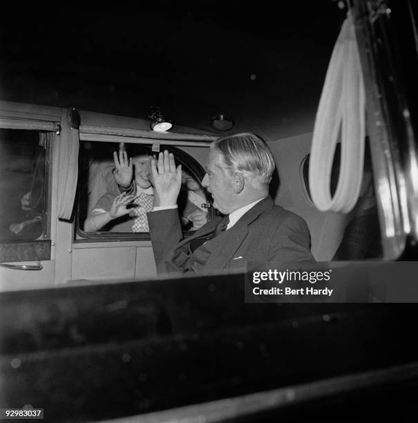 British prime minister Anthony Eden leaves the BBC television studios in London during the Suez Crisis, 9th August 1956. Original publication:...