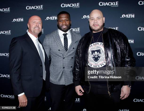 Joe Halpin, 50 Cent and Fat Joe attend the premiere of Crackle's 'The Oath' at Sony Pictures Studios on March 7, 2018 in Culver City, California.