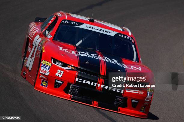 Spencer Gallagher, driver of the Kingman Chevrolet Chevrolet, practices for the NASCAR Xfinity Series DC Solar 200 at ISM Raceway on March 9, 2018 in...