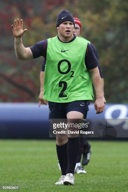 Hooker Dylan Hartley in action during the England training session at Pennyhill Park on November 11, 2009 in Bagshot, England.