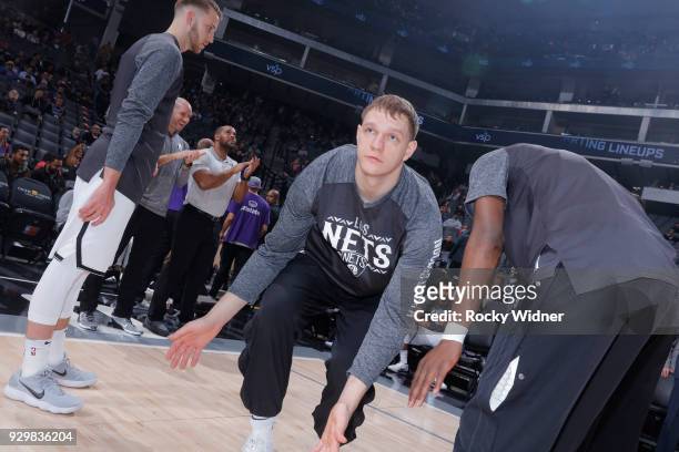 Timofey Mozgov of the Brooklyn Nets gets introduced into the starting lineup against the Sacramento Kings on March 1, 2018 at Golden 1 Center in...