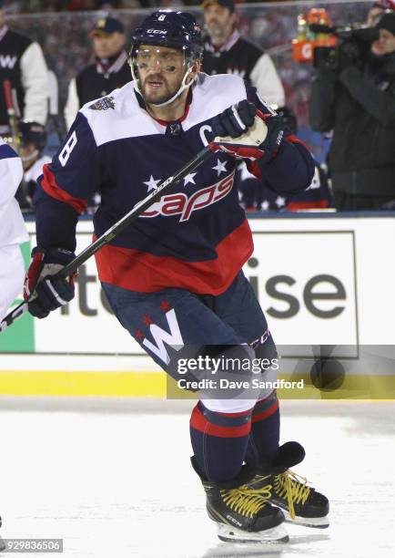 Alex Ovechkin of the Washington Capitals plays against the Toronto Maple Leafs in the 2018 Coors Light NHL Stadium Series game at the Navy-Marine...