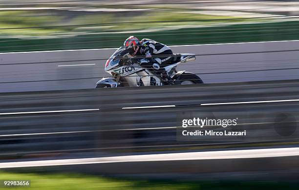 Hiroshi Aoyama of Japan and Interwetten Racing Team heads down a straight during testing at the Valencia Circuit on November 11, 2009 in Valencia,...