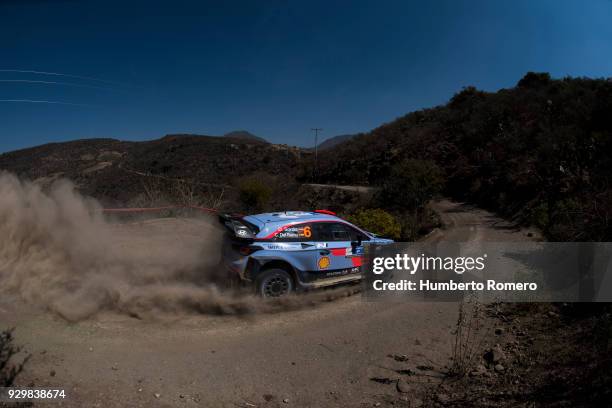 Dani Sordo of Spain and copilot Carlos del Barrio of Spain from Hyundai Shell Mobis World Rally drive during the Shakedown stage on day one of the...