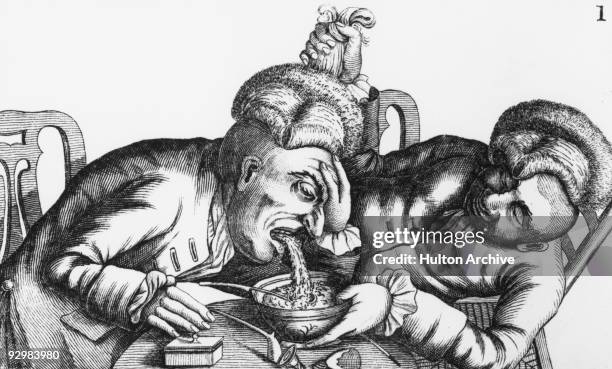 Man with a lop-sided wig holds his friend's hair while he vomits into a bowl, 1773. An engraving by J. Sanders after a painting by Jim. Bob.