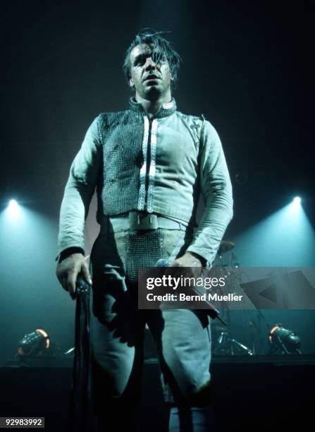 Till Lindemann of Rammstein performs on stage in 1997 in Munich, Germany.