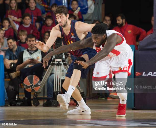 Mathias Lessort, #26 of Crvena Zvezda mts Belgrade competes with Ante Tomic, #44 of FC Barcelona Lassa during the 2017/2018 Turkish Airlines...