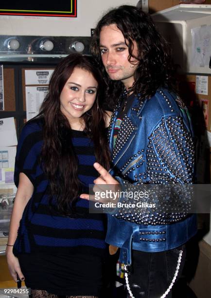 Exclusive Coverage* Miley Cyrus and Constantine Maroulis pose backstage at the hit rock musical "Rock of Ages" on Broadway at The Brooks Atkinson...