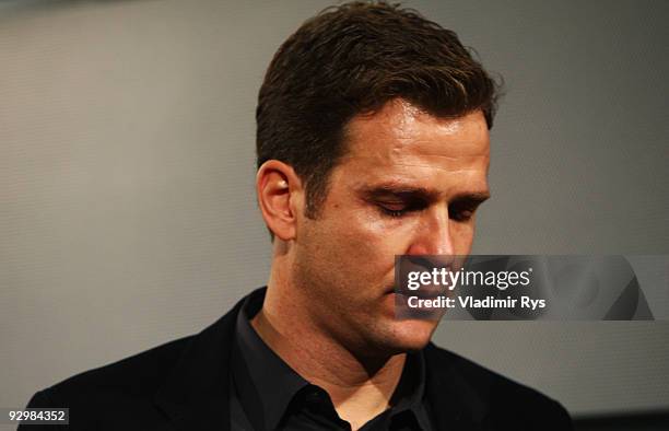 Manager Oliver Bierhoff leaves the press conference of the German national football team due to the death of Robert Enke at the Deutsche Telekom...