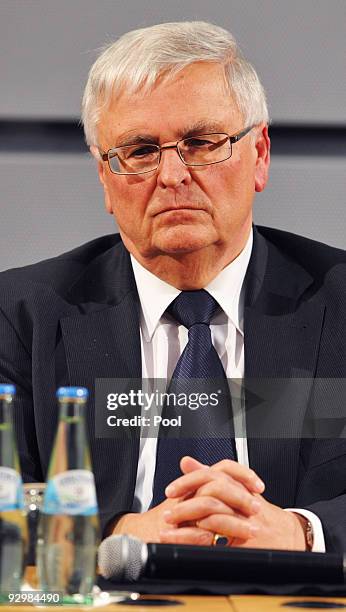 President Theo Zwanziger looks down during the press conference of the German national football team due to the death of Robert Enke at the Deutsche...