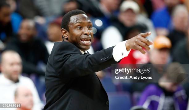 Head coach Avery Johnson of the Alabama Crimson Tide gives instructions to his team during the 81-63 win over the Auburn Tigers during the...