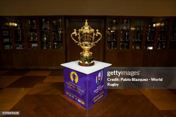 The Webb Ellis Cup is on display at an event held at CD Arquitectura on day 2 of Rugby World Cup 2019 Trophy Tour on March 9, 2018 in Madrid, Spain.