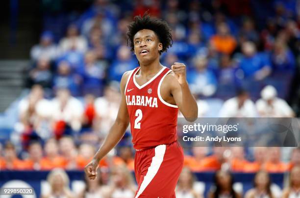 Collin Sexton of the Alabama Crimson Tide celebrates in the 81-63 win over the Auburn Tigers during the quarterfinals round of the 2018 SEC...