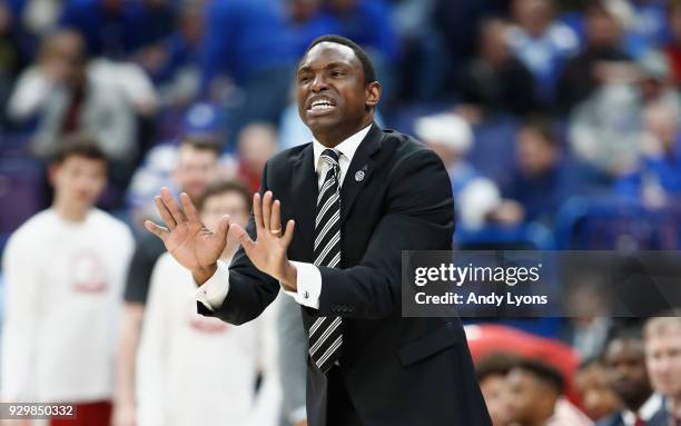 Head coach Avery Johnson of the Alabama Crimson Tide gives instructions to his team during the 81-63 win over the Auburn Tigers during the...