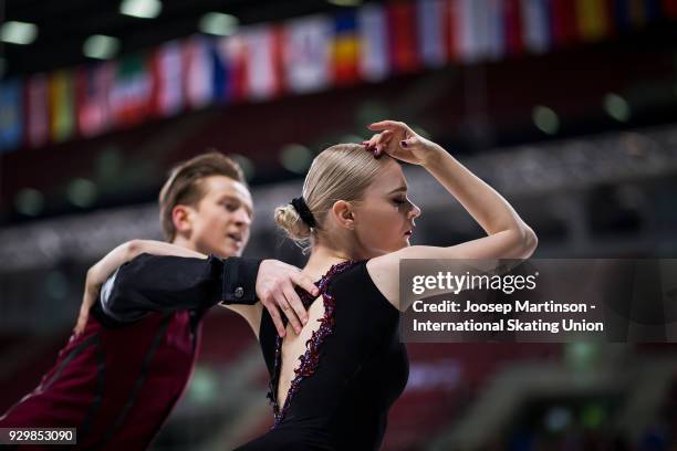 Anastasia Skoptcova and Kirill Aleshin of Russia compete in the Junior Ice Dance Free Dance during the World Junior Figure Skating Championships at...