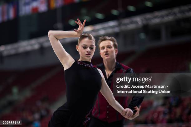 Anastasia Skoptcova and Kirill Aleshin of Russia compete in the Junior Ice Dance Free Dance during the World Junior Figure Skating Championships at...