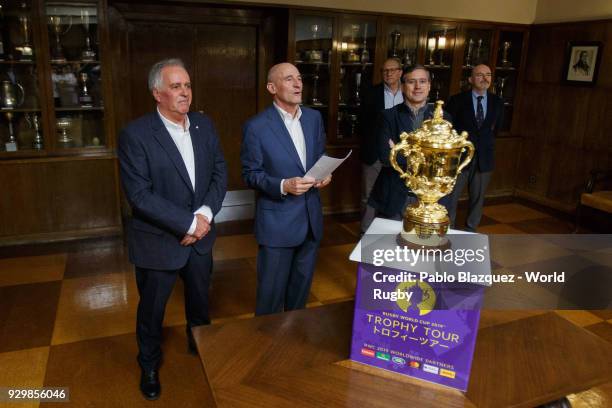 The Webb Ellis Cup is on display as Javier Olaziregui gives a speech next to President of Spanish Rugby Federation Alfonso Feijoo at an event held at...