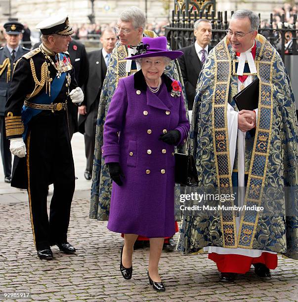 Prince Philip, The Duke of Edinburgh, Queen Elizabeth II and The Very Reverend Dr John Hall, Dean of Westminster Abbey attend the Armistice Day...