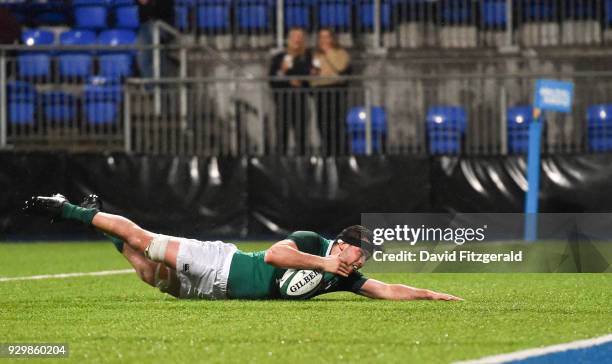 Dublin , Ireland - 9 March 2018; Jack O'Sullivan of Ireland scores his side's fourth try during the U20 Six Nations Rugby Championship match between...