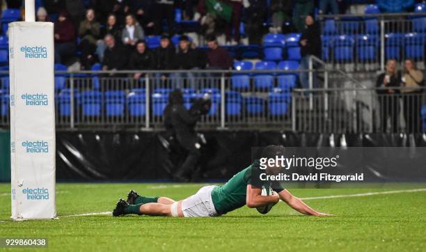 Dublin , Ireland - 9 March 2018; Jack O'Sullivan of Ireland scores his side's fourth try during the U20 Six Nations Rugby Championship match between...