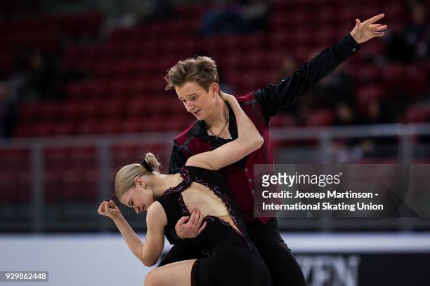Anastasia Skoptcova and Kirill Aleshin of Russia react in the Junior Ice Dance Free Dance during the World Junior Figure Skating Championships at...