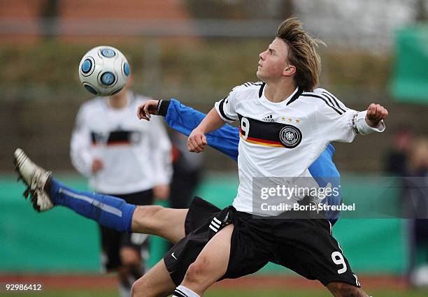 Ragnar Piir of Estland and Lukas Goettmann of Germany battle for the ball during the U15 International Friendly Match between Germany and Estland at...