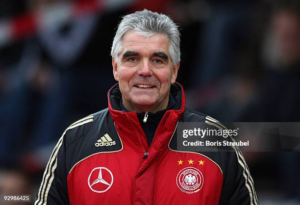 Frank Engel, head coach of Germany laughs during the U15 International Friendly Match between Germany and Estland at the 'Mueritz Stadion' on...