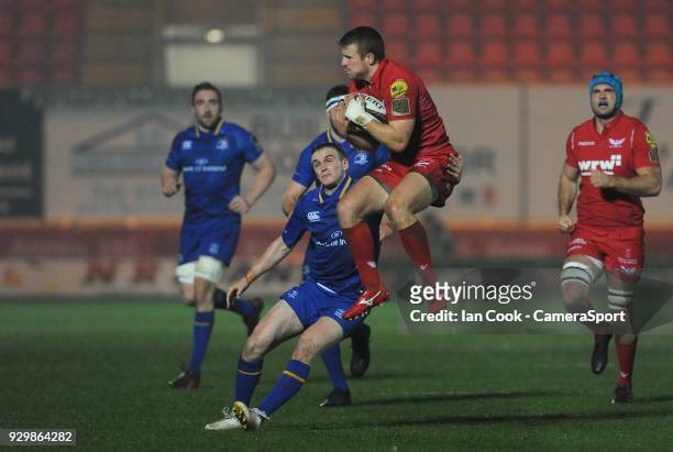Scarlets' Jonathan Evans catches the high ball during the Guinness Pro14 Round 17 match between Scarlets and Leinster Rugby at Parc y Scarlets on...