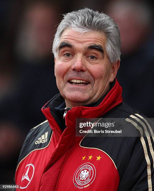 Frank Engel, head coach of Germany laughs during the U15 International Friendly Match between Germany and Estland at the 'Mueritz Stadion' on...