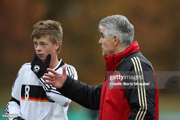 Frank Engel, head coach of Germany gives instructions to Philipp Mueller during the U15 International Friendly Match between Germany and Estland at...