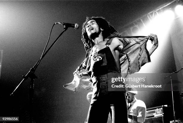 Bob Marley performs live on stage with the Wailers in Voorburg, Holland in 1976