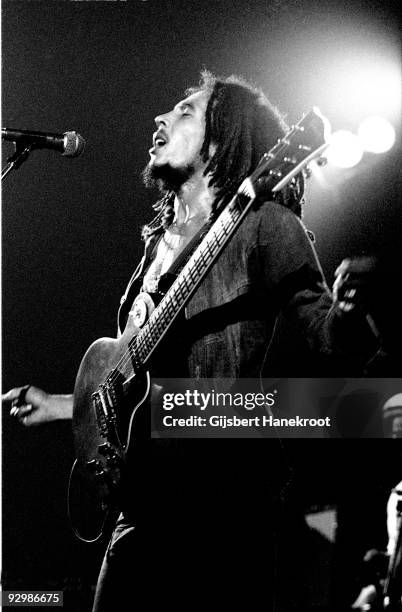 Bob Marley performs live on stage with the Wailers in Voorburg, Holland in 1976