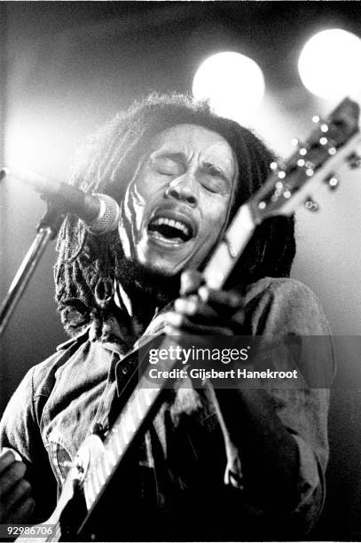 Bob Marley performs live on stage with the Wailers in Voorburg, Holland in 1976