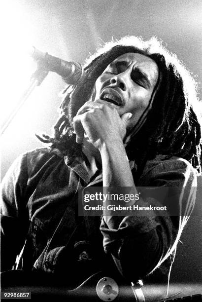 Bob Marley performs live on stage with the Wailers in Voorburg, Holland in 1976