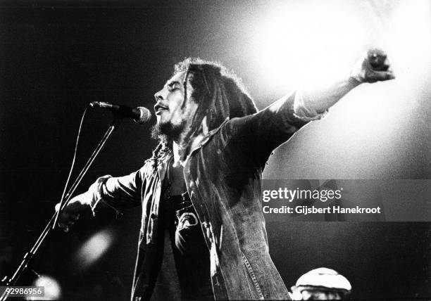 Bob Marley performs live on stage with the Wailers in Voorburg, Holland in 1976