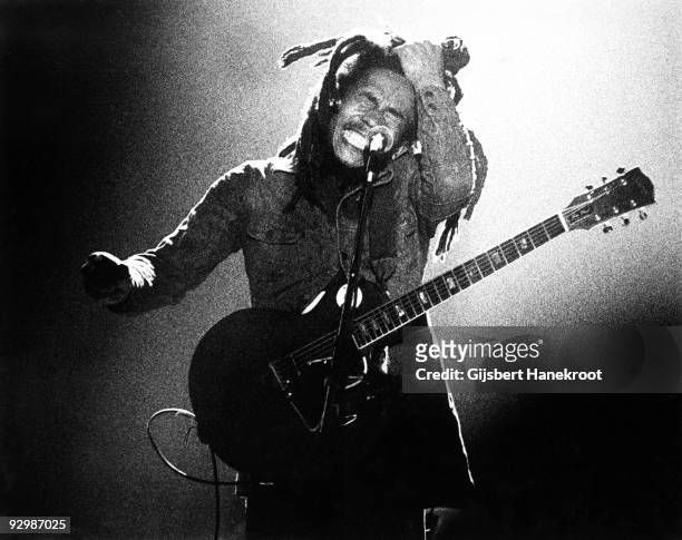 Bob Marley performs live on stage with the Wailers in The Hague, Holland in 1976
