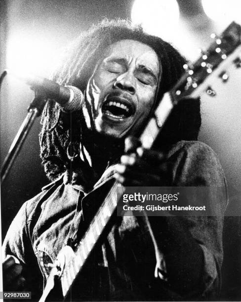 Bob Marley performs live on stage with the Wailers in The Hague, Holland in 1976