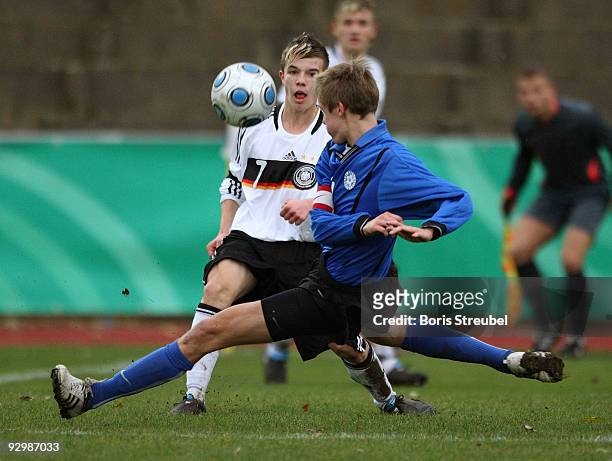 Ragnar Piir of Estland and Christian Mauersberger of Germany battle for the ball during the U15 International Friendly Match between Germany and...