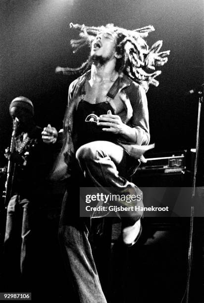 Bob Marley performs live on stage with the Wailers in Voorburg, Holland in 1976