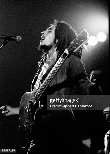 Bob Marley performs live on stage with the Wailers in Voorburg, Holland in 1976