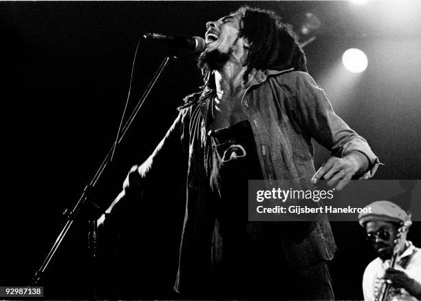 Bob Marley performs live on stage with the Wailers in Voorburg, Holland in 1976